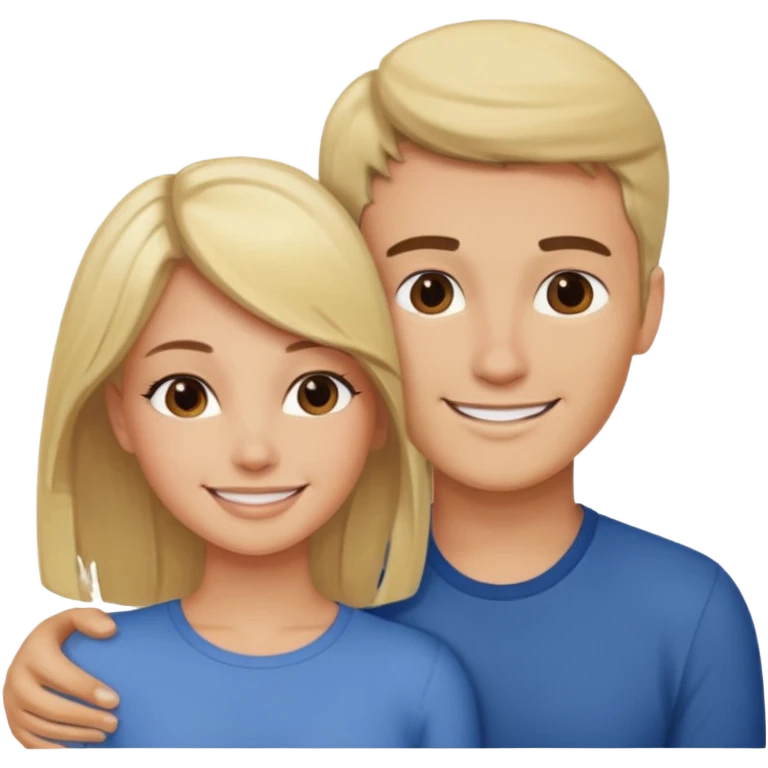 A blonde woman and brunette man rest their heads on each other smiling  emoji