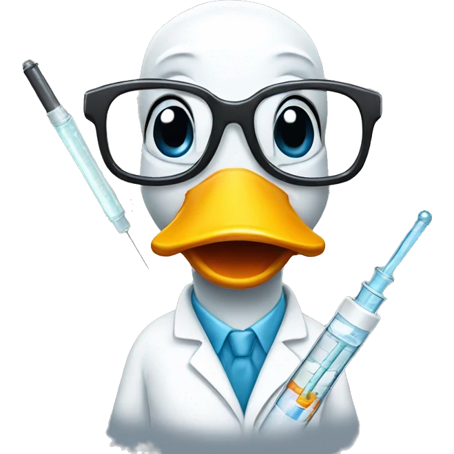 A duck wearing a labcoat and and glasses and holding syringe emoji