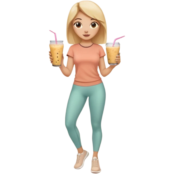 a young woman full length in a beige top and leggings and white sneakers with a passion fruit smoothie in one hand and a salmon poke bowl in the other hand emoji