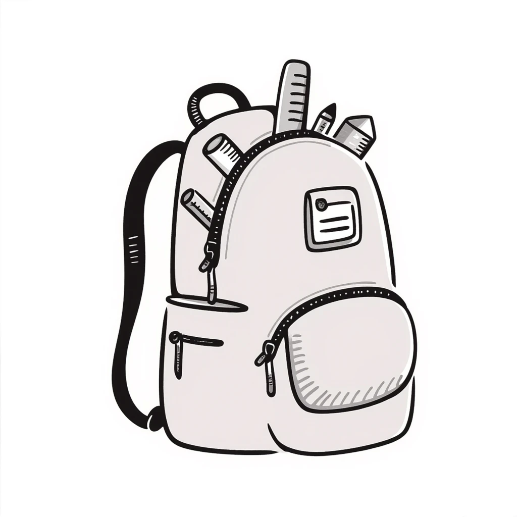 a backpack with pockets, zippers, and straps, containing school supplies like notebooks, pencils, and rulers peeking out, in pastel colors dd9fb0, ffc6d3, a3bfc9, c4bee2, f1b091, detailed hand-drawn doodle style emoji