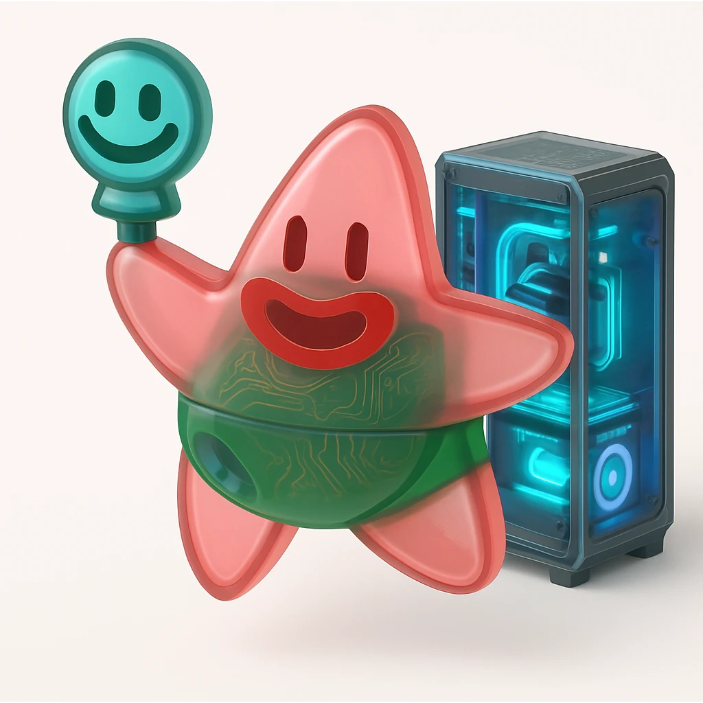 A futuristic desktop computer with glowing components visible through the case emoji