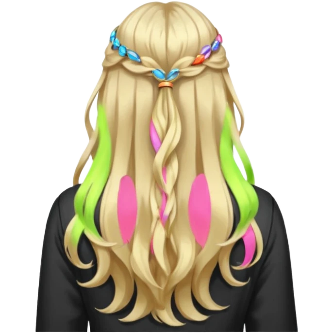 a girl facing backwards so that her hair is showing, long hair that is wavy. she has her hair in a style of half-up-half-down with a small claw-clip securing the hair of the head where the hair strands meet. hair is a platinum blonde color and dark blonde highlights.  emoji