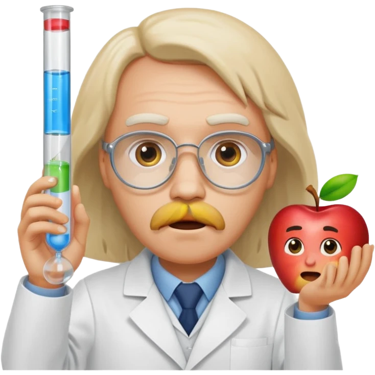 Mendeleev in a laboratory coat holding a test tube, surprised, apple emoji style emoji