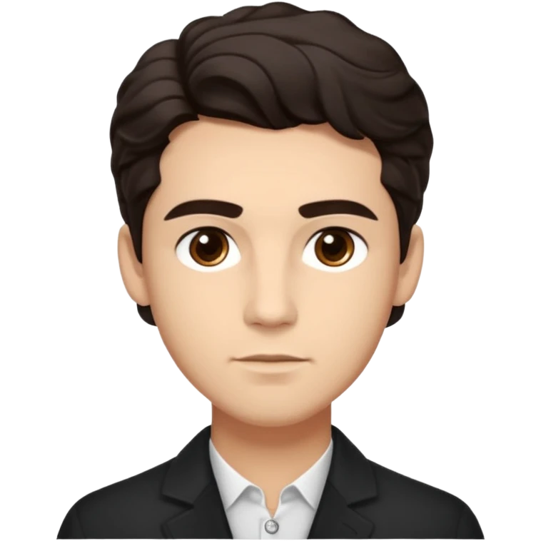 He’s a man with light to medium skin, a defined oval face, full brows, deep-set eyes, and wavy short dark brown tall tall hair styled with height, sides are trimmed. expression calm and focused relaxed black open-collar .polished, articulate, and coach vibe. emoji