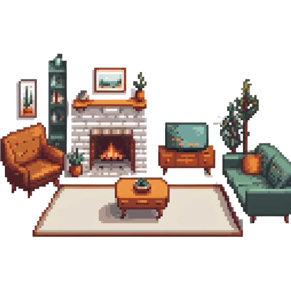 escenary 3d of a cozy mid-century living room with two people working on laptops, one man standing at a desk, and one woman sitting on a couch emoji