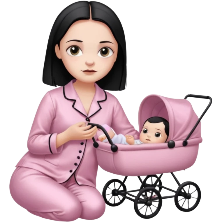 Full model stunning Wednesday Addams dark smoky eyeshadow in a unbuttoned Light pink silk pyjamas set touching baby carriage  emoji