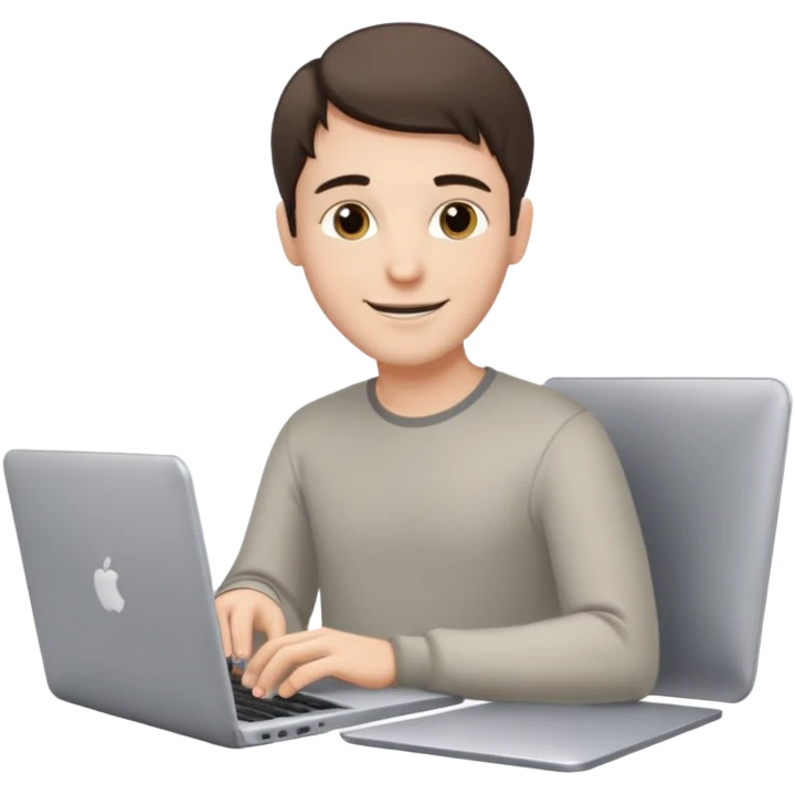 A white brunette man in his mid 20s, middle parted short hair, average dude with slightly droopy eyes, happy, using a silver laptop (no logo) emoji