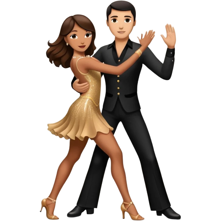 Photorealistic dancesport professional latin couple dancing the rumba at the competition dancefloor, the women is in skinny sparkly dress, the women has brown very long hair, the man has short black hair, the man hold woman's hand by his one hand and his second hand is on the women's waist  emoji