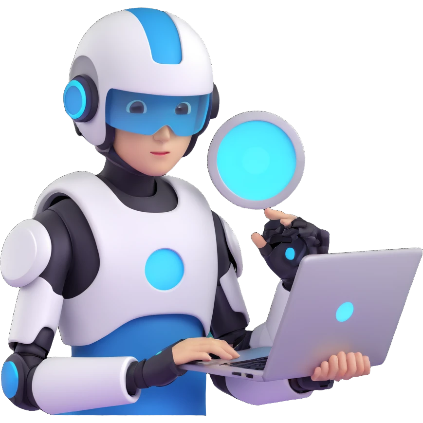 futuristic tech boy with robot helmet, glowing white circle, high-tech laptop, neon cyberpunk room, holographic displays, focused, mysterious emoji