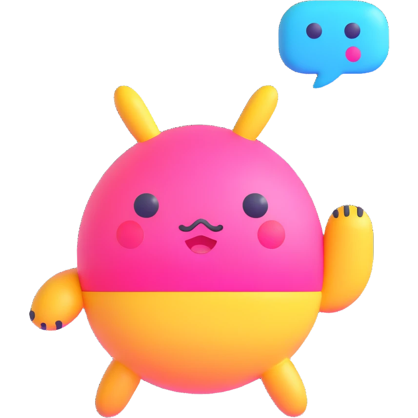 Retro game mascot — like a Tamagotchi-style AI creature, round and colorful with a speech bubble. emoji