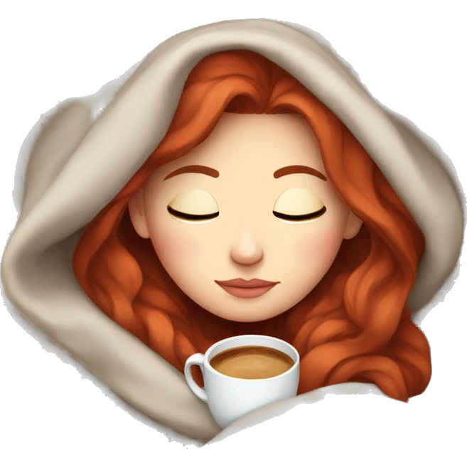 white girl with red hair inside a blanket sipping coffee eyes closed emoji