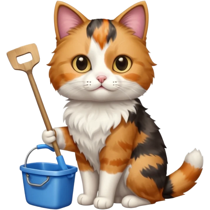 A very cute cat holding a toilet shovel, a litter box beside it emoji