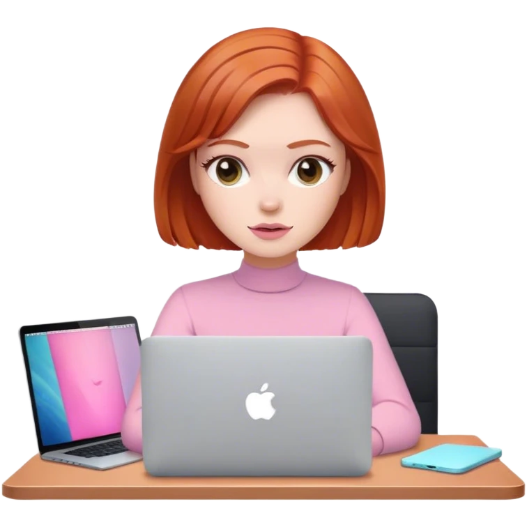 Bob hair Redhead sat at desk with pink MacBook  emoji