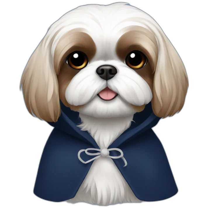 White and brown Shih tzu in navy blue coat with hood emoji