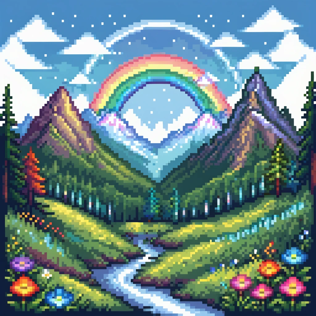 Enchanted meadow with rainbow and crystal mountains emoji
