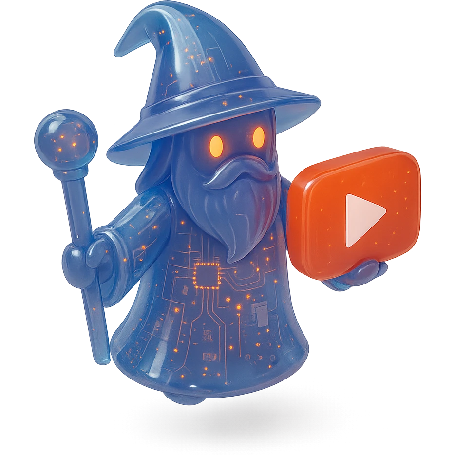 wizard with YouTube play button, glossy circuit style emoji
