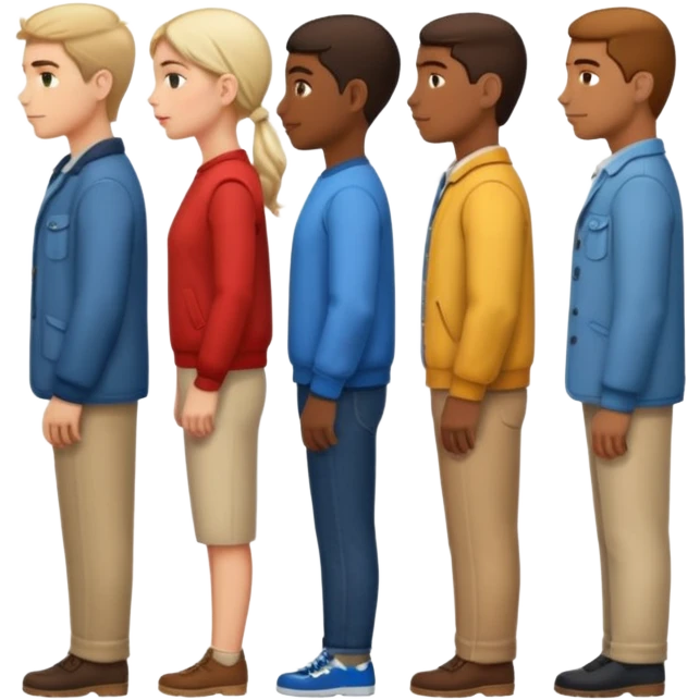 A row of five people standing one behind the other, all facing to the right, side view. emoji