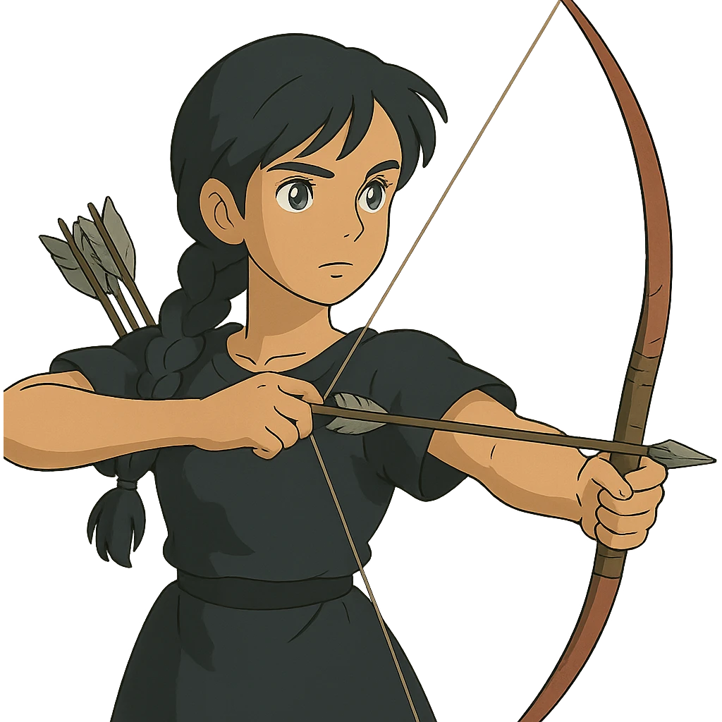 ghibli style girl with olive skin, gray eyes, black hair in a side braid, black outfit, bow and arrow emoji