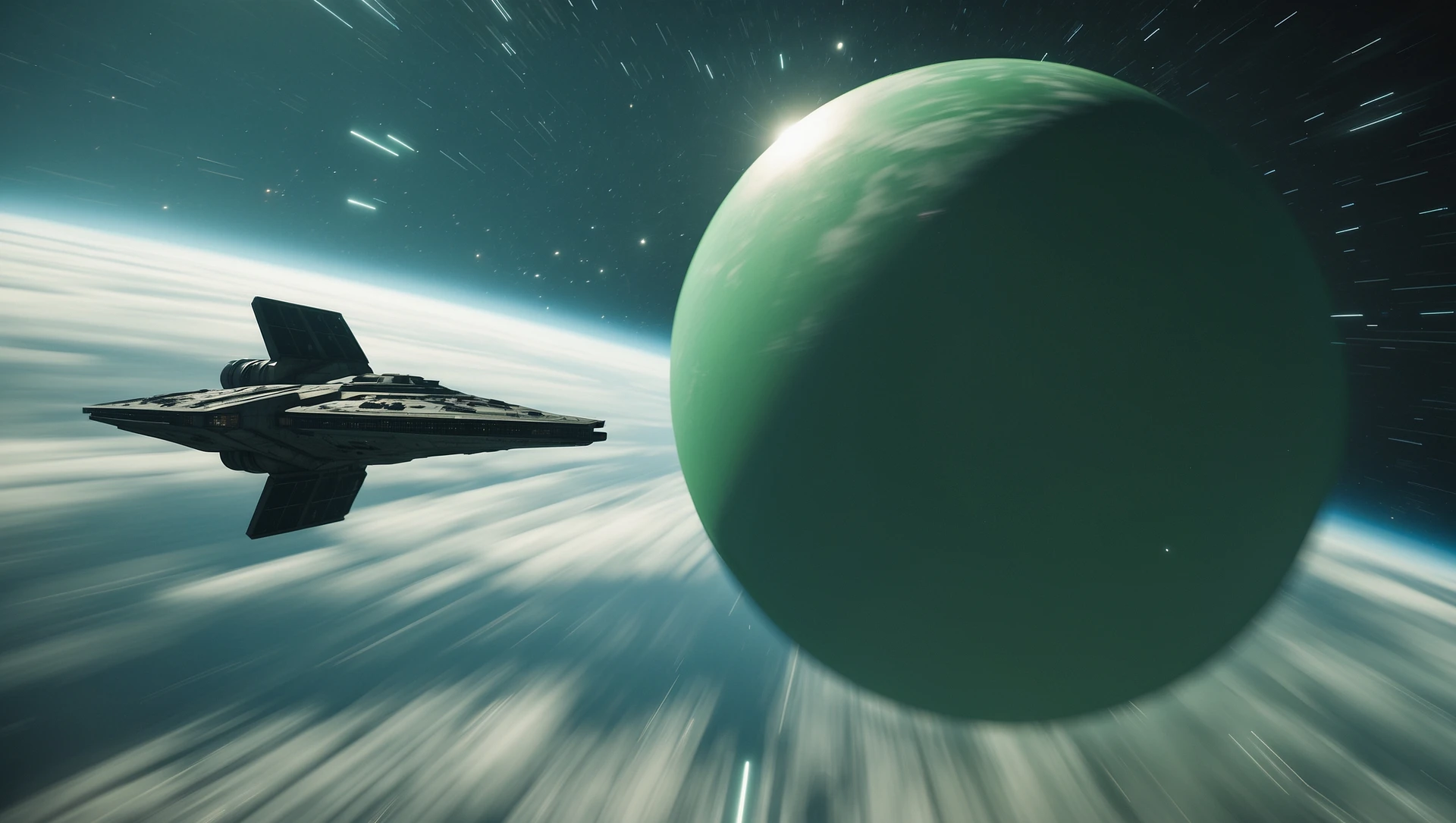 cinematic still, motion blur shutter speed, establishing shot, shot from top, entire globe green planet, single starship coming to planet, inspired by StarWars movie, captured by arri alexa  emoji