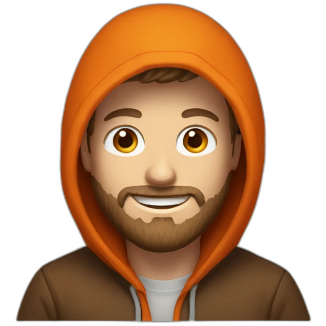 white dude smiling with a brown beard and short brown hair with an orange hooded hoodie with the hoodie letters "Posh" emoji