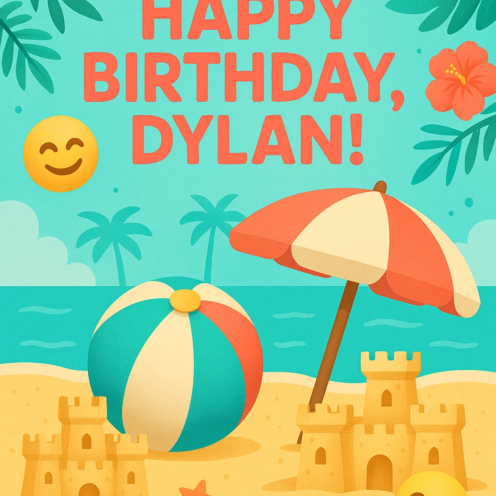 Tropical digital birthday card for Dylan with a big 'Happy Birthday, Dylan!' at the top, 3D emoji beach ball and umbrella, sand castles, happy emojis, turquoise and coral palette, festive scene emoji