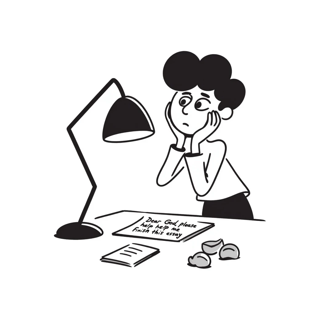 Stressed student writing an essay that begins with "Dear God, please help me finish this essay" in sketchy handwriting emoji