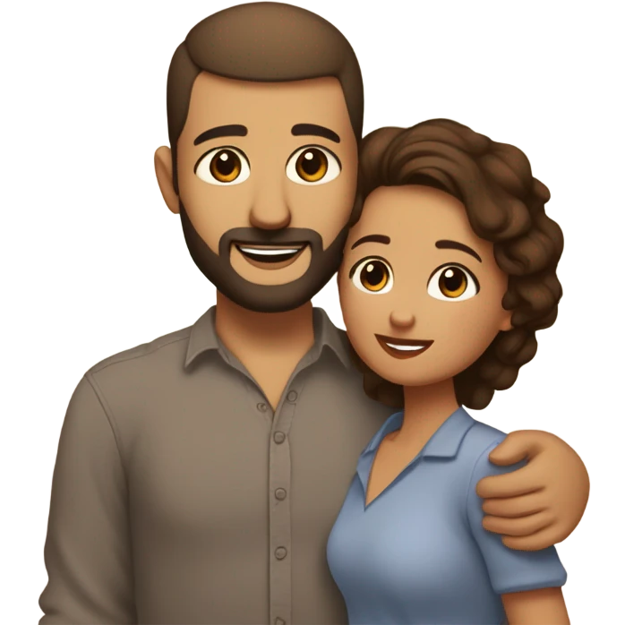 Brown-haired Puerto Rican woman with dark brown eyes wearing a cute blouse giving comforting hug to short, bald man with brown eyes, laugh lines, and a beard emoji