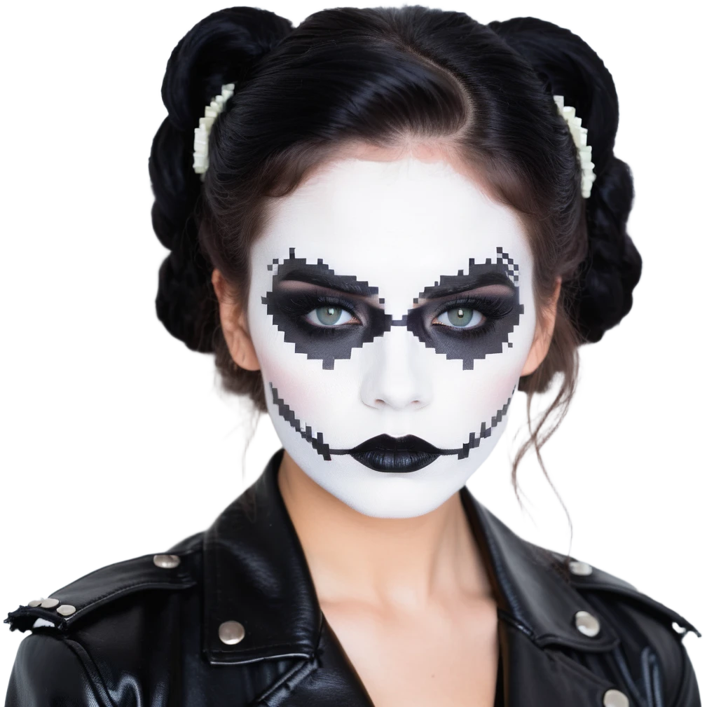 Chucky's bride with black lipstick, black dress, leather jacket, and smoky eye makeup emoji