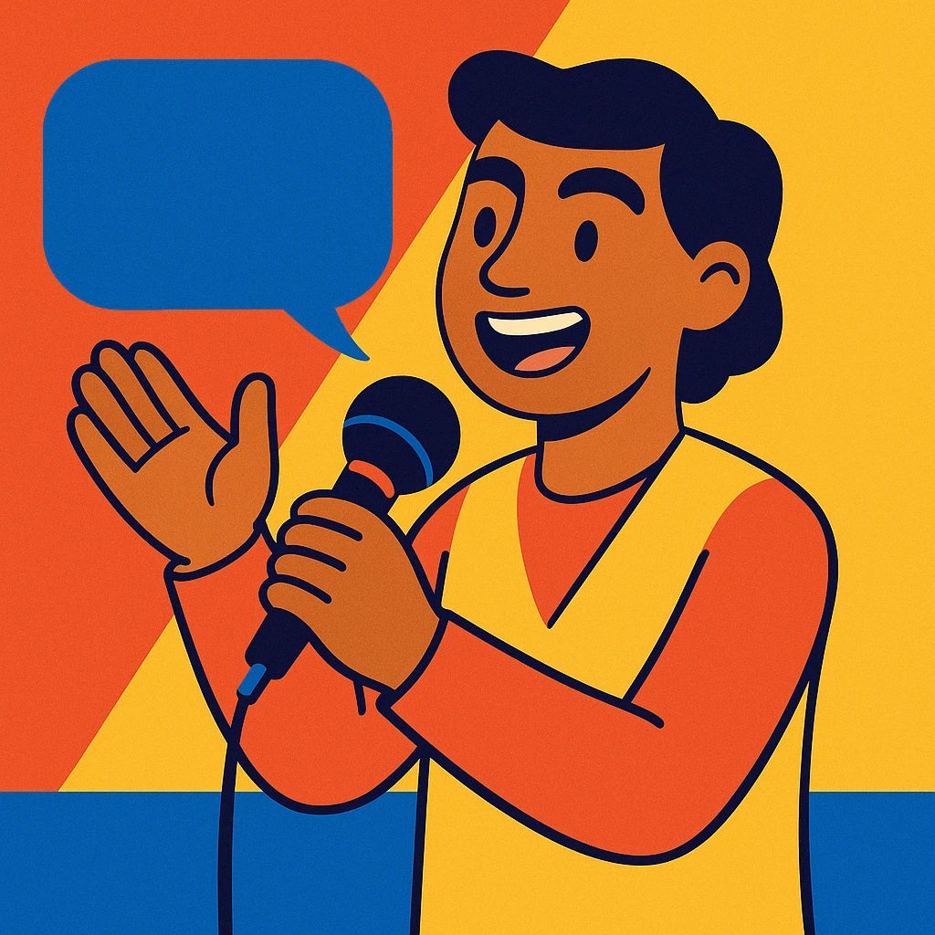 a cartoon person sharing their beliefs, speaking into a microphone, confident and sincere emoji