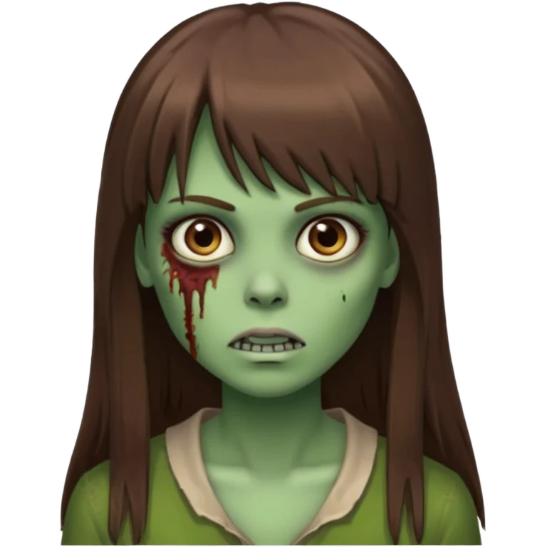 Zumbi feminino, de pele verde, cabelo marrom, longo, liso e castanho com franja emoji