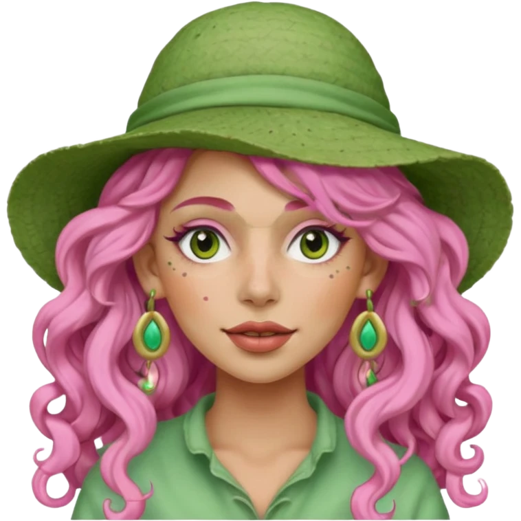 pink haired very long curly haired woman with full full face light green clay mask  and big earrings and hat with full face clay mask emoji