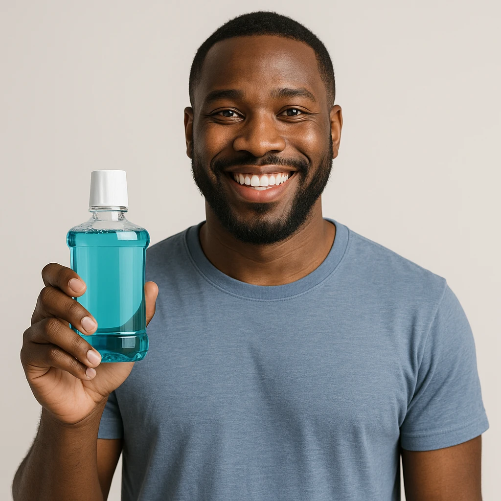A Black man holding a bottle of mouthwash and smiling, clear and friendly expression, simple background. emoji