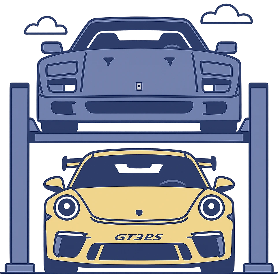 front view of a Ferrari F40 on a car lift with a yellow Porsche GT3 RS underneath, both cars fully visible, cartoon style, transparent background emoji