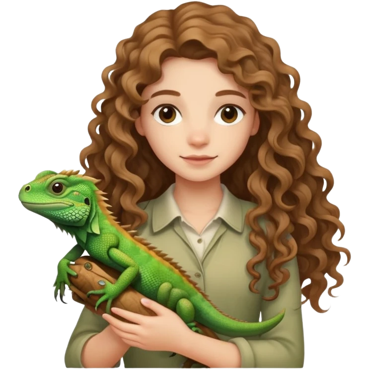 girl with wavy/curly light brown long hair, holding an iguana  emoji