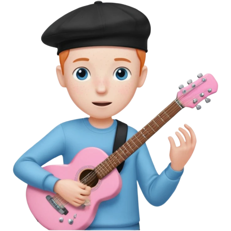 Pale man with light freckles and blue eyes wearing black cap playing a shell pink guitar emoji