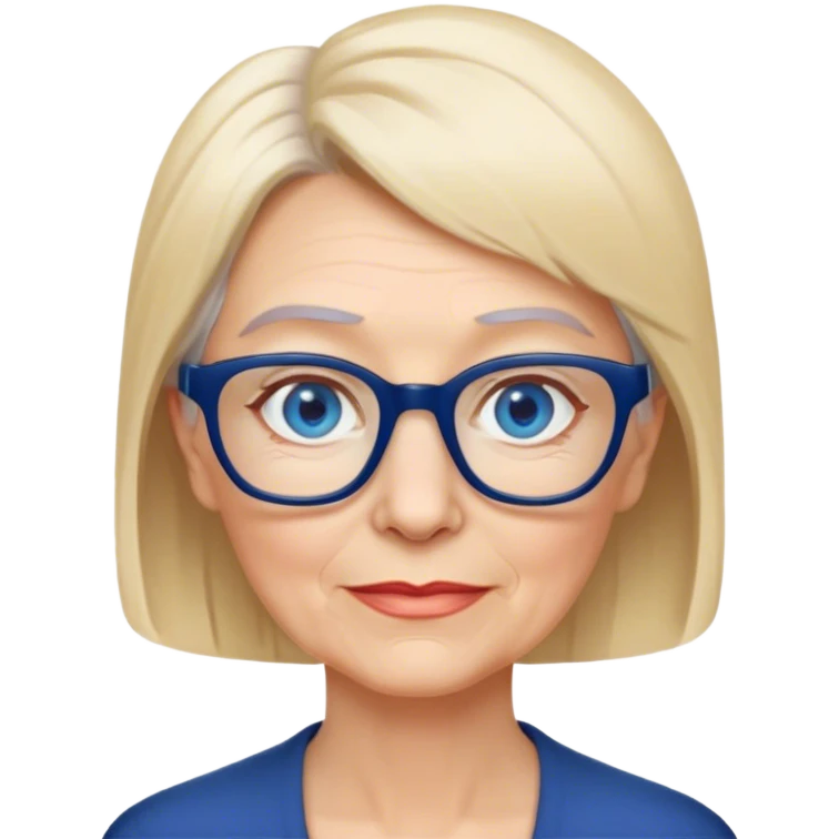 older Woman with short straight blonde hair, navy blue glasses and blue eyes emoji