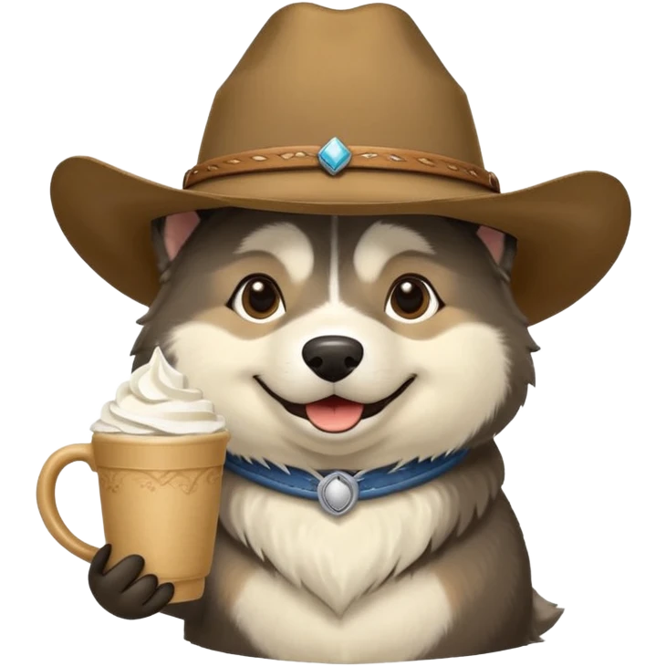 Agouti (more black and cream, some tan) Malamute dog wearing cowboy hat and smiling with cup of whipped cream emoji
