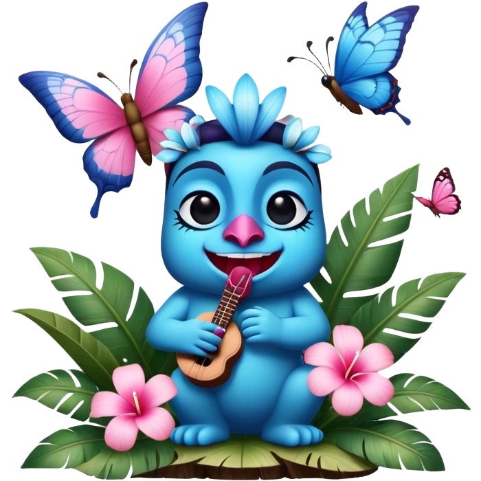Pixar style little Blue and pink tiki singing with a butterfly and tropical flowers, ultra detailed and lifelike imagery, realistic emoji