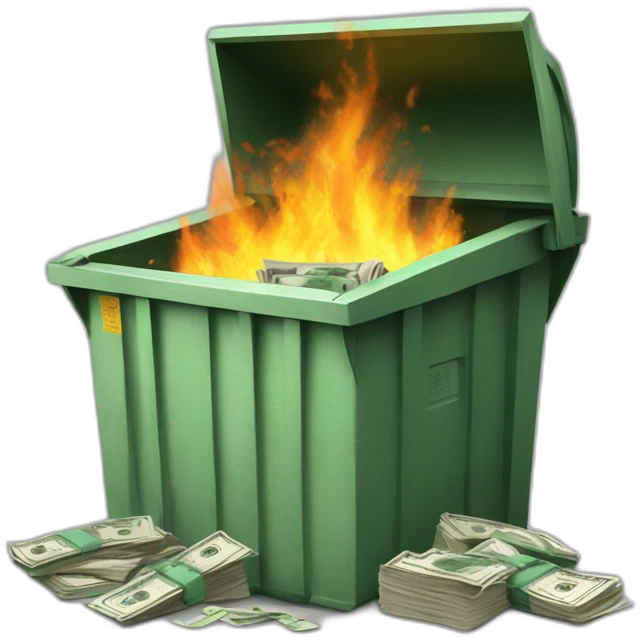 Dumpster fire with dollar bills emoji