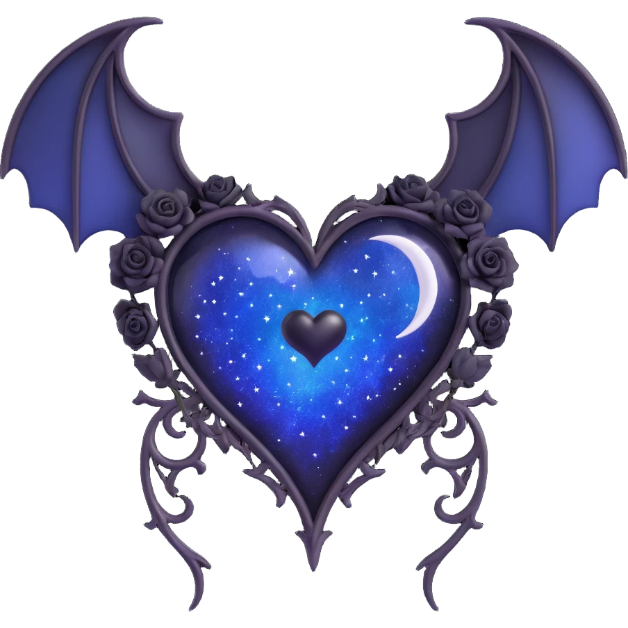 gothic heart, midnight blue glass, silver crescent moon, tiny black roses, shimmering stardust, bat wing accent emoji
