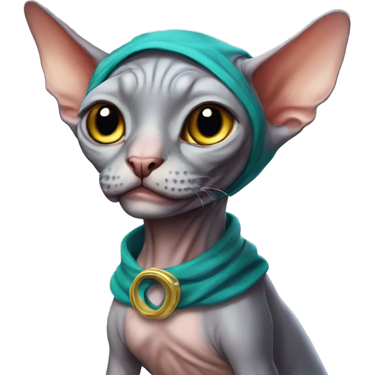 Sphynx-cat in costume of dino emoji