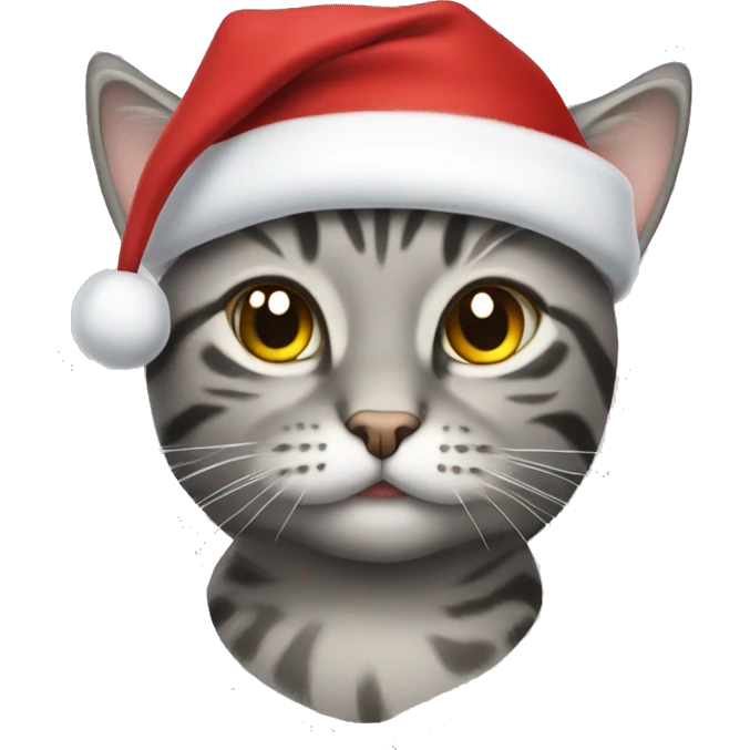 Gray tabby cat wearing Santa hat emoji