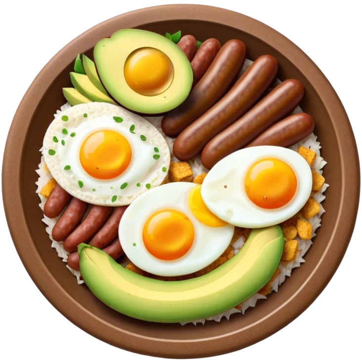 Bandeja Paisa Cinematic Realistic Bandeja Paisa Dish Emoji, depicted as a hearty platter featuring rice, beans, avocado slices, one sausage, a perfectly cooked egg, and crispy pork crackle, rendered with vivid textures and robust, inviting lighting. emoji