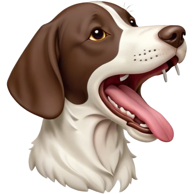 Cinematic Cute Yawning German Pointer Portrait Emoji, Head tilted slightly with a dramatic, wide-open yawn, revealing a sleek liver and white coat with a crisp finish, floppy ears slightly drooping, round brown eyes barely open in drowsy contentment, Simplified yet irresistibly adorable features, highly detailed, glowing with a soft, cozy glow, high shine, relaxed yet expressive, stylized with a touch of whimsy, bright and endearing, soft glowing outline, capturing the essence of a sleepy yet affectionate hunter, so drowsy it feels like it could stretch out of the screen and curl up for a nap! emoji