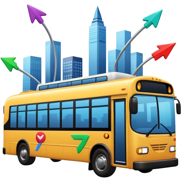 a modern bus at an angle with three colorful arrows pointing to city icons, Apple emoji style emoji