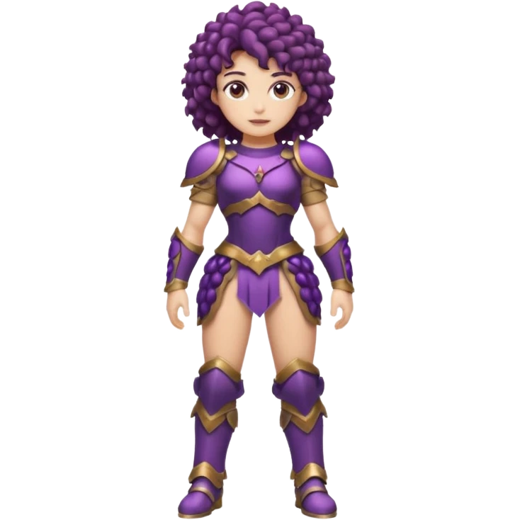 full body woman short curly brown mullet brown eyes white skin muscular build grape cluster armor outfit emoji
