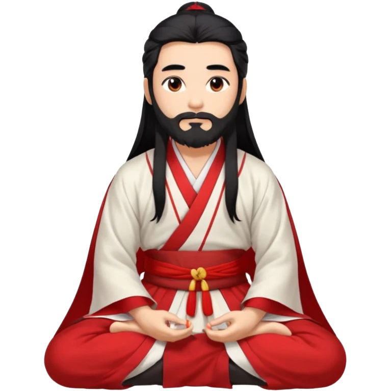 Beautiful man with lightly tan skin and dark long beard, long hair, in red and white Hanfu sitting on the ground emoji