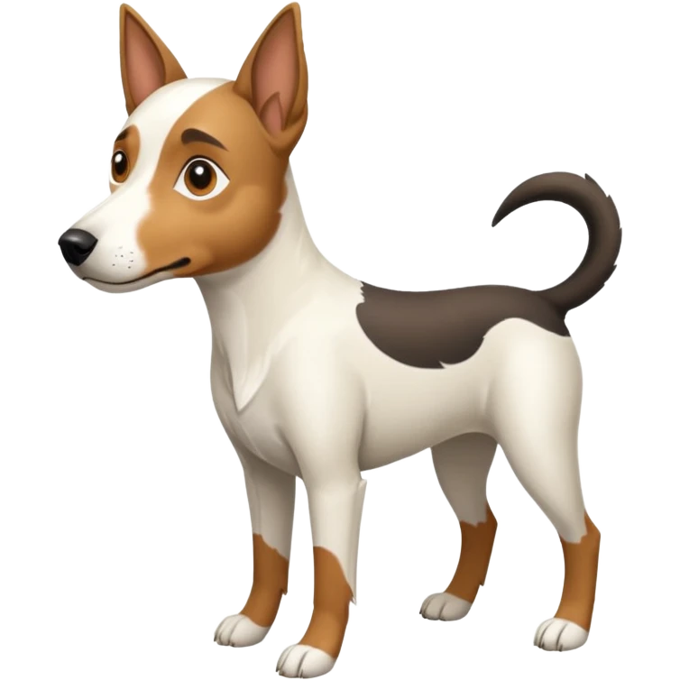 a full body large white parson russell looking dog the size of a kelpie with light brown flapped down ears and a light brown patch on one eye and a large snout emoji