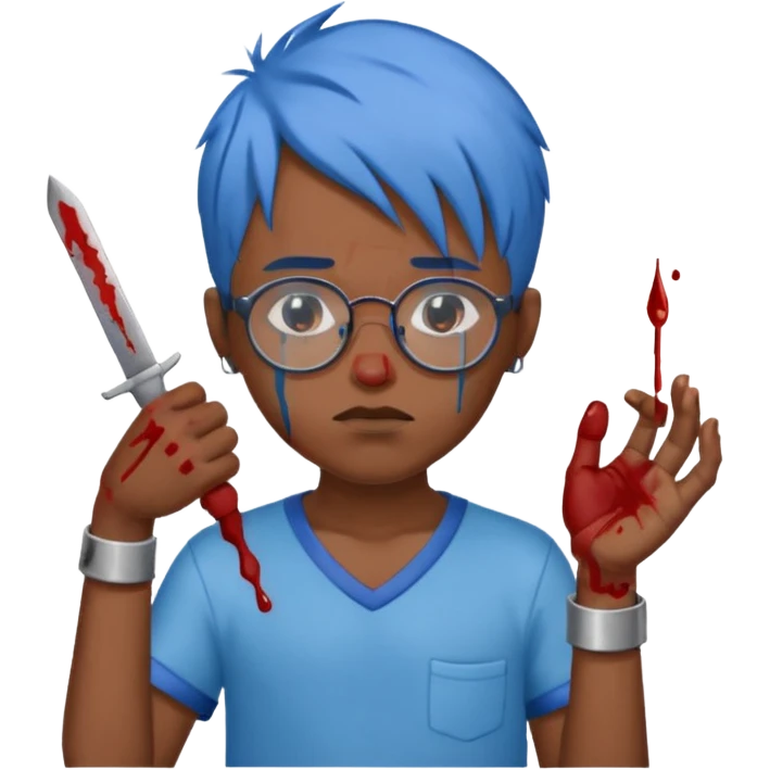draw a black boy with glasses and blue hair cutting his wrist while bleeding not crying blood and with a neutral peaceful expression on his face emoji