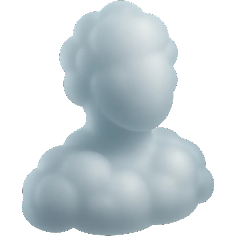 person made entirely of white fluffy convex clouds, shoulder up, front view, matte glass style emoji